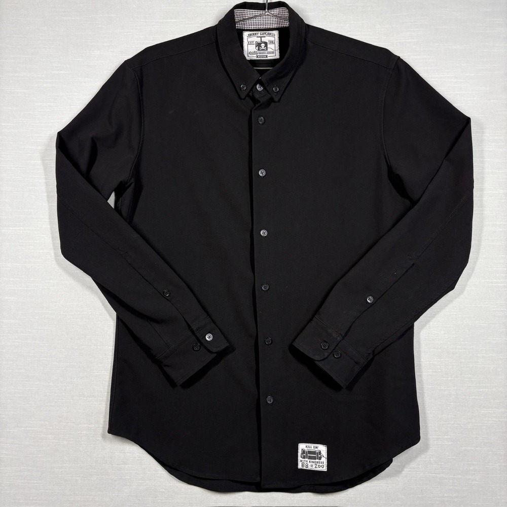 Johnny Cupcakes Button Down Shirt Men M Black Kill Em With Kindness 88/200‎ Y2K